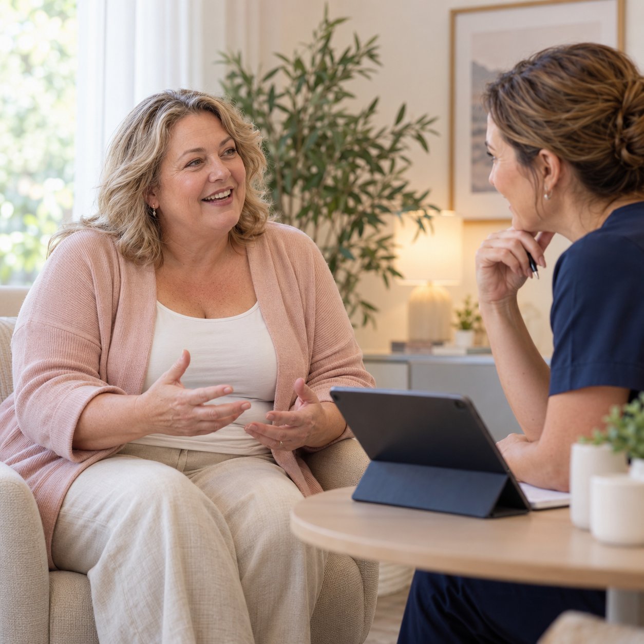 A smiling woman in a blush cardigan talking with a nurse in a calm, light-filled consult room