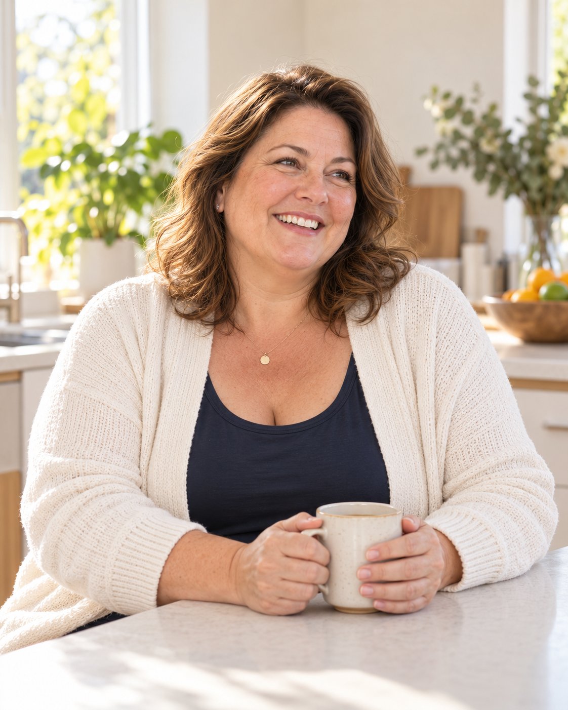 A smiling woman in a cream cardigan holding a mug of tea at a sunny kitchen bench