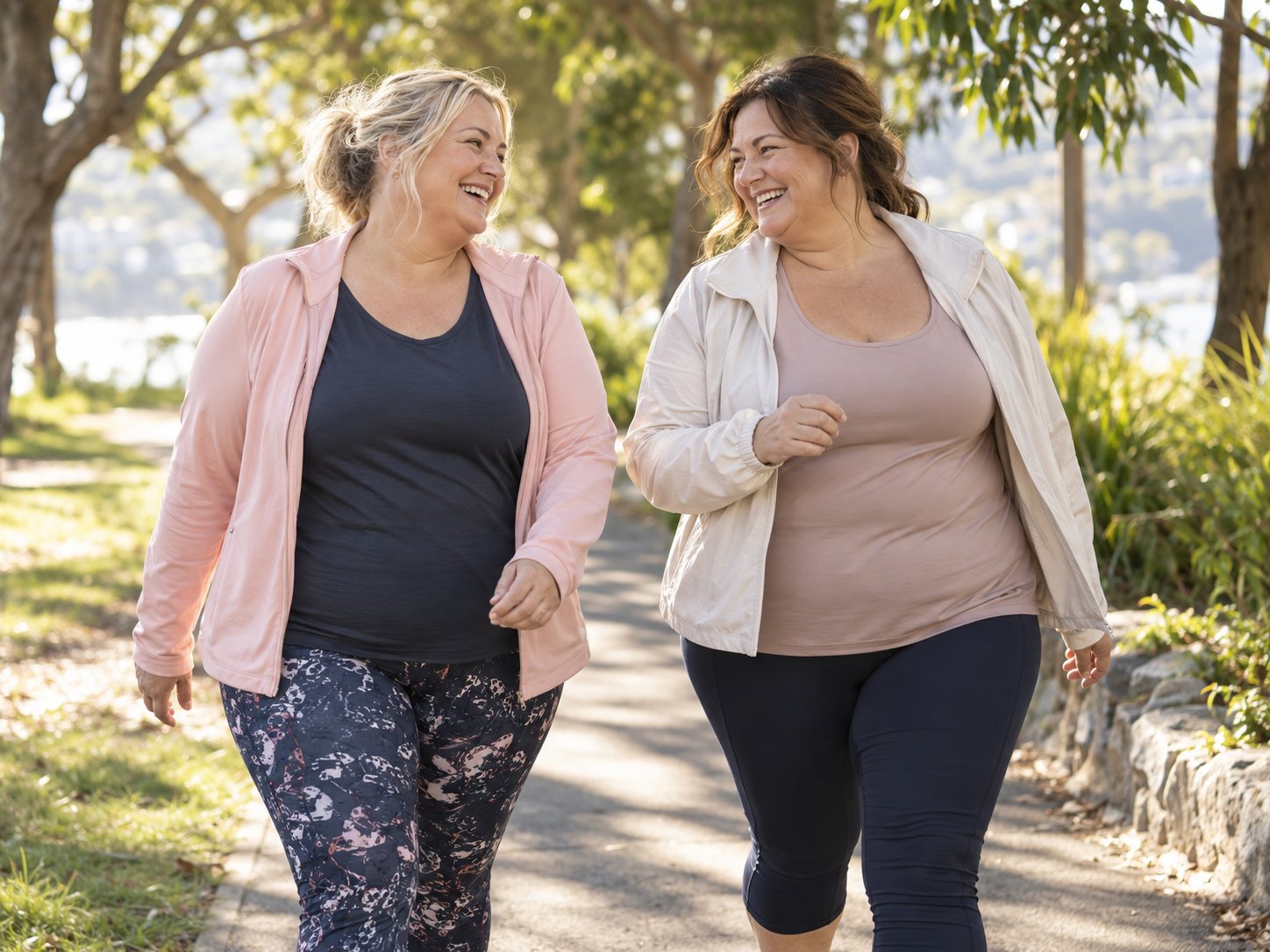 Two women laughing together as they walk along a tree-lined path on a sunny morning